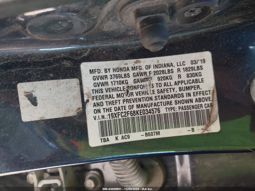 2019 Honda Civic Lx VIN: 19XFC2F68KE034576 Lot: 43888951