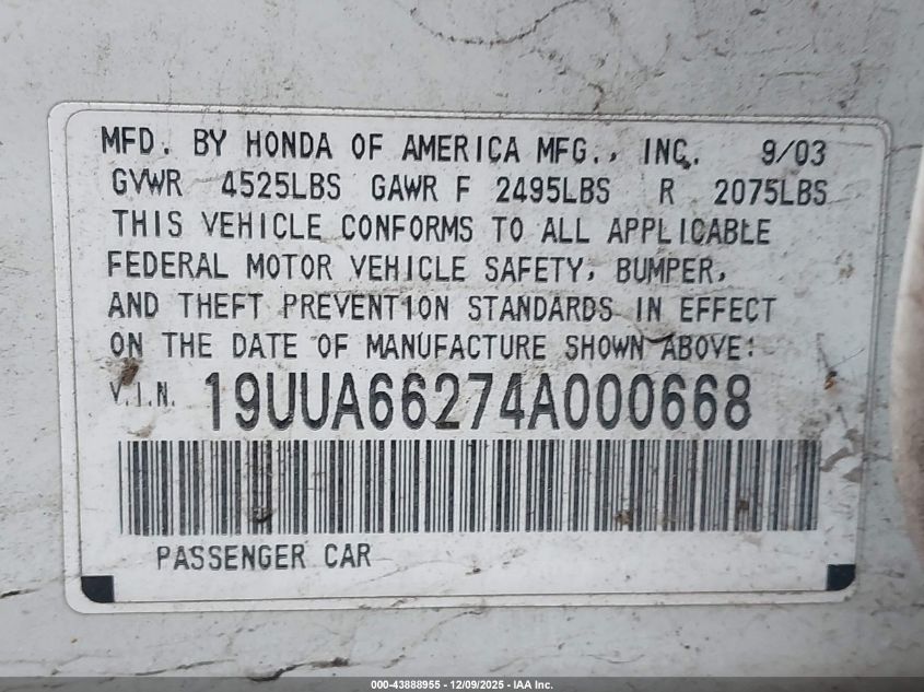 2004 Acura Tl VIN: 19UUA66274A000668 Lot: 43888955