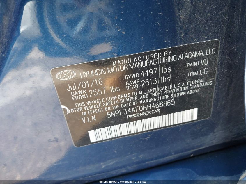 2017 Hyundai Sonata Sport VIN: 5NPE34AF0HH468865 Lot: 43888956