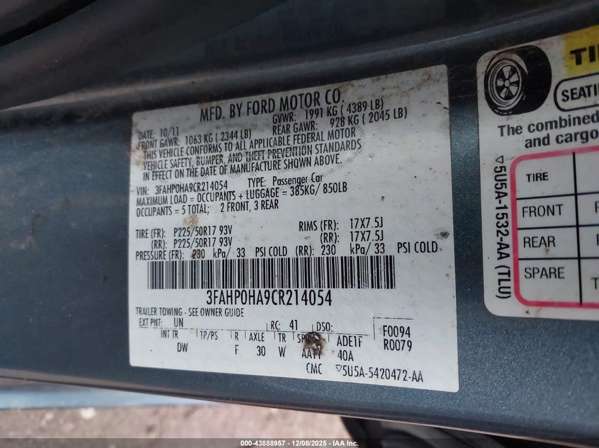 3FAHP0HA9CR214054 2012 FORD FUSION photo no. 9