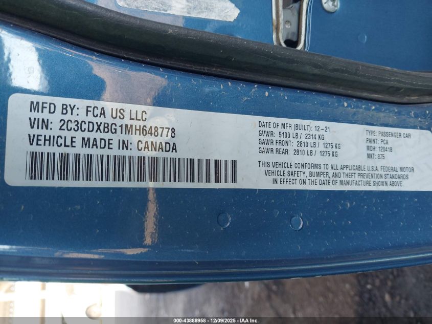 2021 Dodge Charger Sxt Rwd VIN: 2C3CDXBG1MH648778 Lot: 43888958