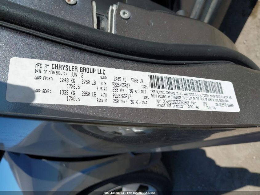 2012 Dodge Journey Sxt VIN: 3C4PDCBB5CT373867 Lot: 43888964