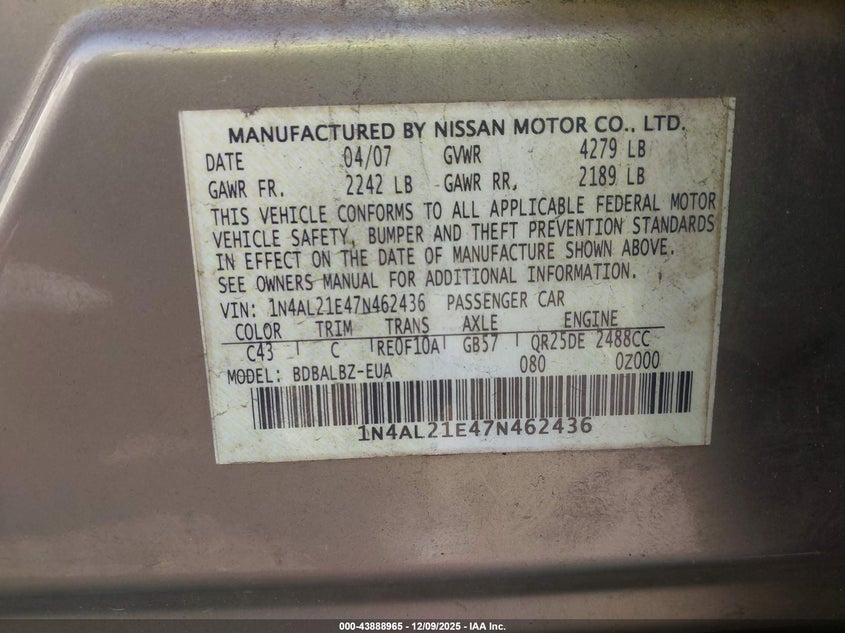 1N4AL21E47N462436 2007 NISSAN ALTIMA photo no. 9