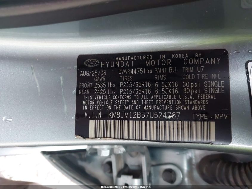 2007 Hyundai Tucson Gls VIN: KM8JM12B57U524787 Lot: 43888966