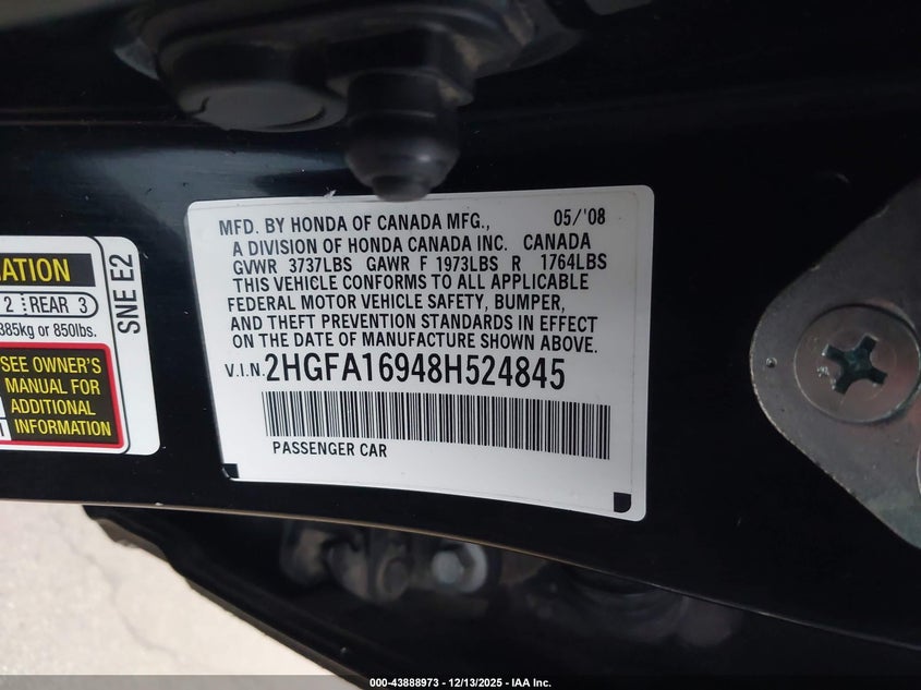 2HGFA16948H524845 2008 HONDA CIVIC photo no. 9