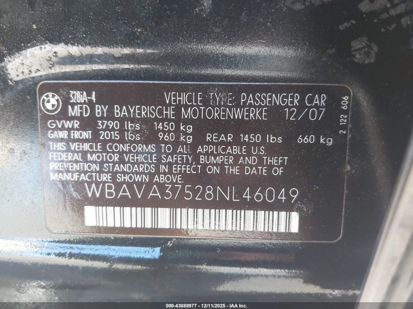 2008 BMW 328 I VIN: WBAVA37528NL46049 Lot: 43888977