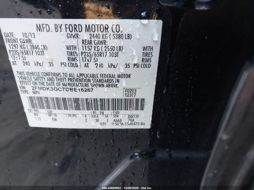 2013 Ford Edge Se VIN: 2FMDK3GC7DBE16267 Lot: 43888982