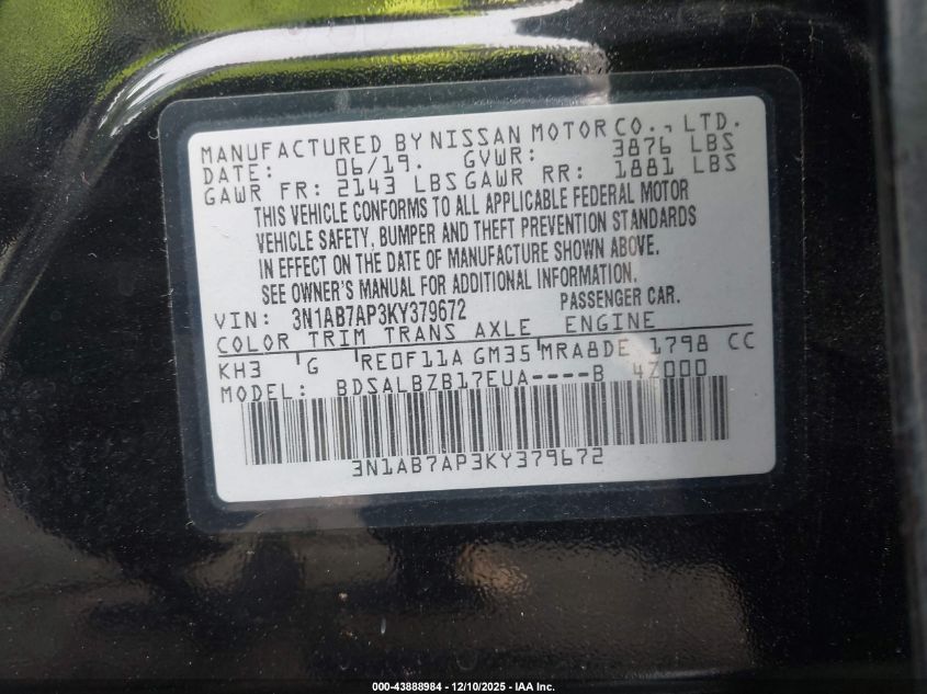 2019 Nissan Sentra S VIN: 3N1AB7AP3KY379672 Lot: 43888984