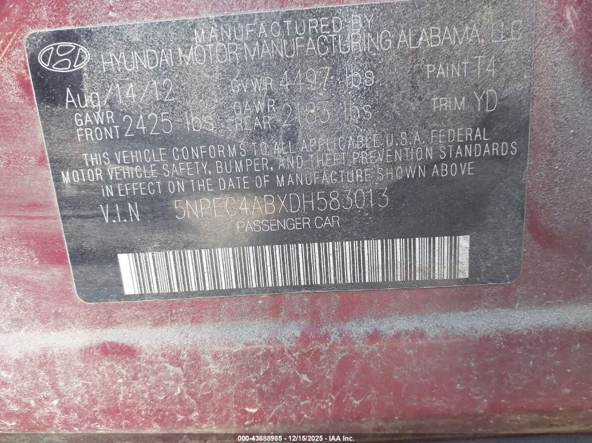 2013 Hyundai Sonata Limited 2.0T VIN: 5NPEC4ABXDH583013 Lot: 43888985