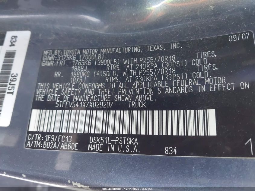 2007 Toyota Tundra Sr5 5.7L V8 VIN: 5TFEV541X7X029207 Lot: 43888989