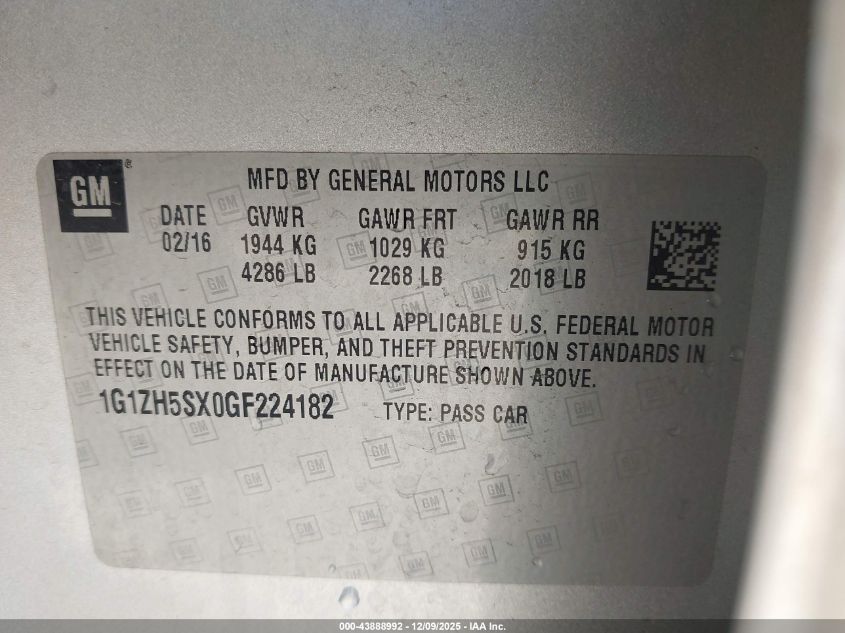 2016 Chevrolet Malibu Premier VIN: 1G1ZH5SX0GF224182 Lot: 43888992