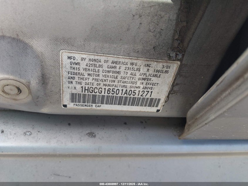 1HGCG16501A051271 2001 HONDA ACCORD photo no. 9