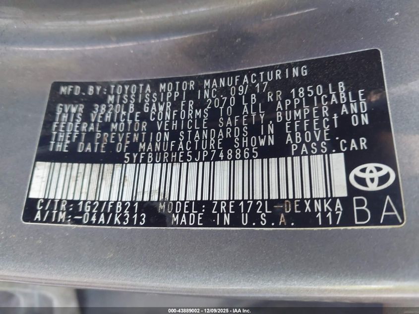 2018 Toyota Corolla Le VIN: 5YFBURHE5JP748865 Lot: 43889002