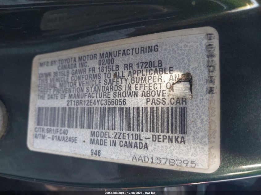 2000 Toyota Corolla Le VIN: 2T1BR12E4YC355056 Lot: 43889004