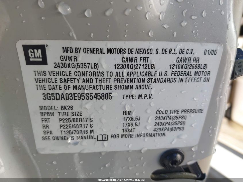 2005 Buick Rendezvous Cx VIN: 3G5DA03E95S545806 Lot: 43889010