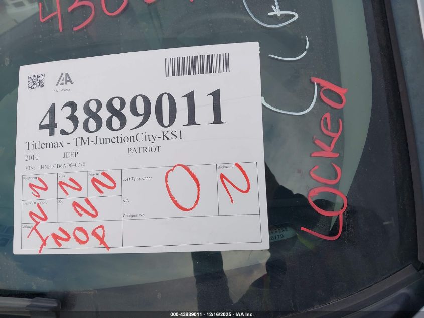2010 Jeep Patriot Sport VIN: 1J4NF1GB6AD640770 Lot: 43889011