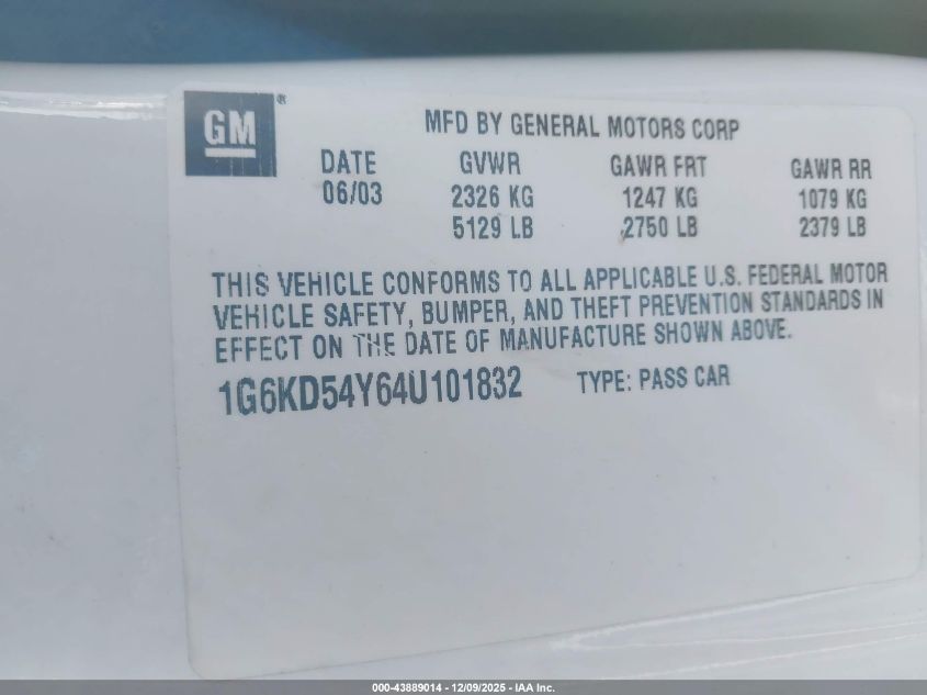 2004 Cadillac Deville Standard VIN: 1G6KD54Y64U101832 Lot: 43889014