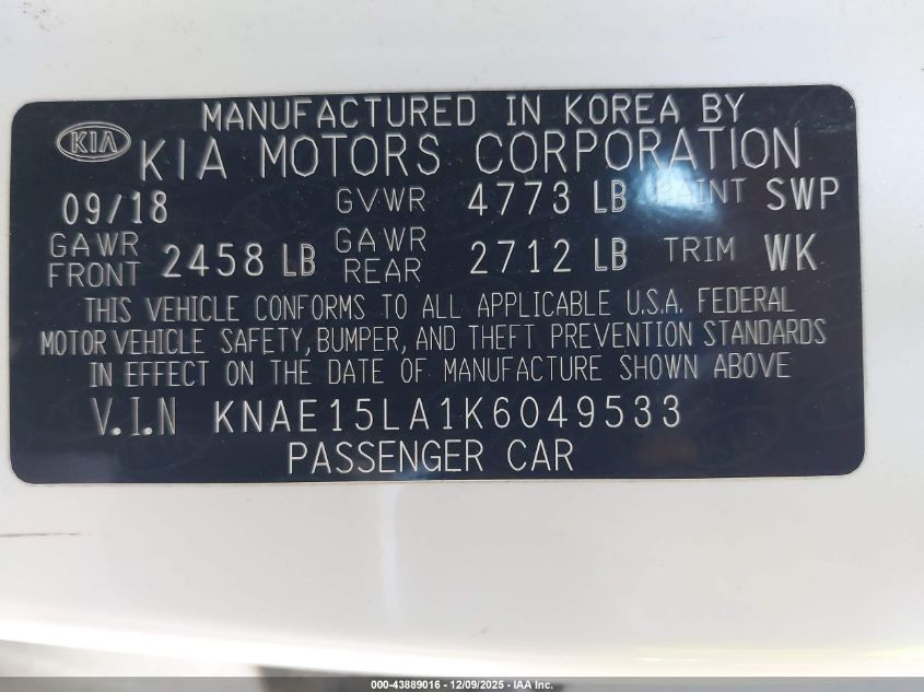 2019 Kia Stinger VIN: KNAE15LA1K6049533 Lot: 43889016