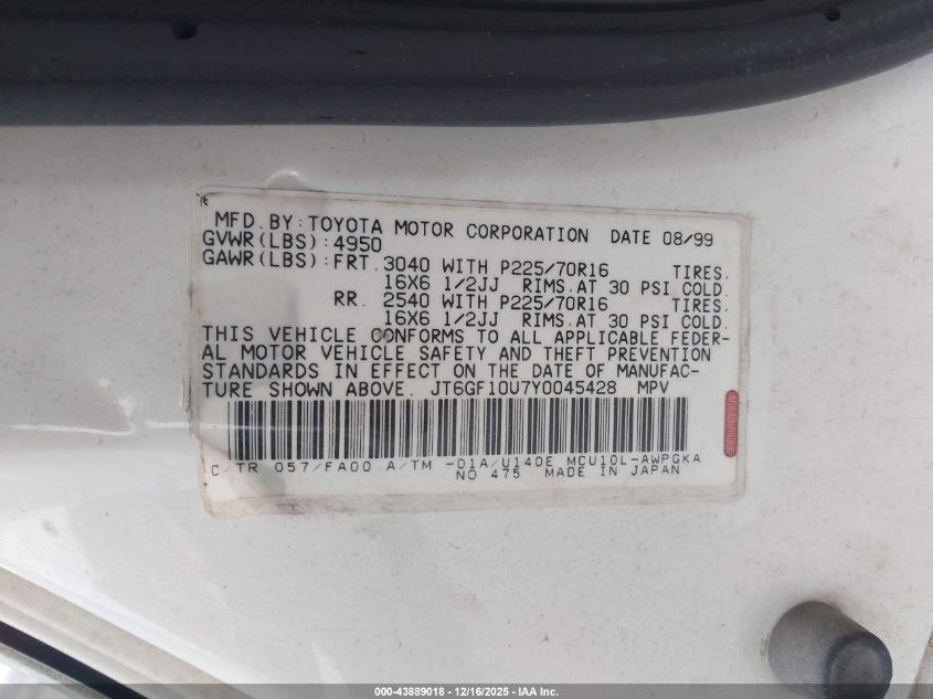 2000 Lexus Rx 300 VIN: JT6GF10U7Y0045428 Lot: 43889018