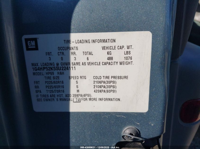 2003 Buick Lesabre Custom VIN: 1G4HP52K53U224111 Lot: 43889021