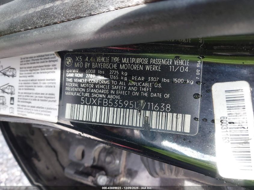 2005 BMW X5 4.4I VIN: 5UXFB53595LV11638 Lot: 43889023