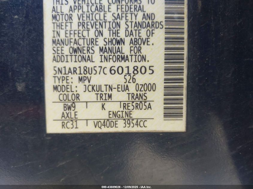 2007 Nissan Pathfinder Se VIN: 5N1AR18U57C601805 Lot: 43889026