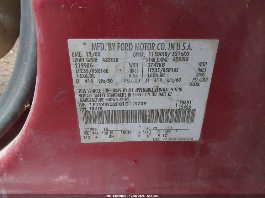 2001 Ford F-350 Lariat/Xl/Xlt VIN: 1FTWW32F81EB38739 Lot: 43889028