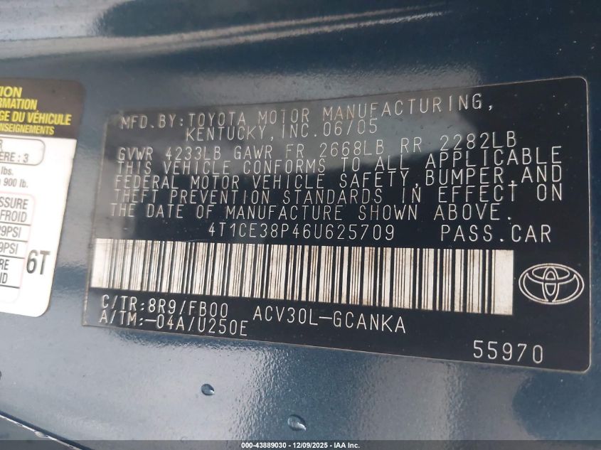 2006 Toyota Camry Solara Se VIN: 4T1CE38P46U625709 Lot: 43889030