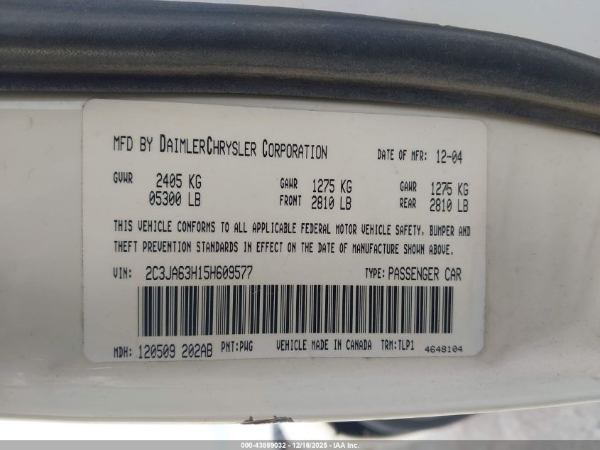 2005 Chrysler 300C VIN: 2C3JA63H15H609577 Lot: 43889032