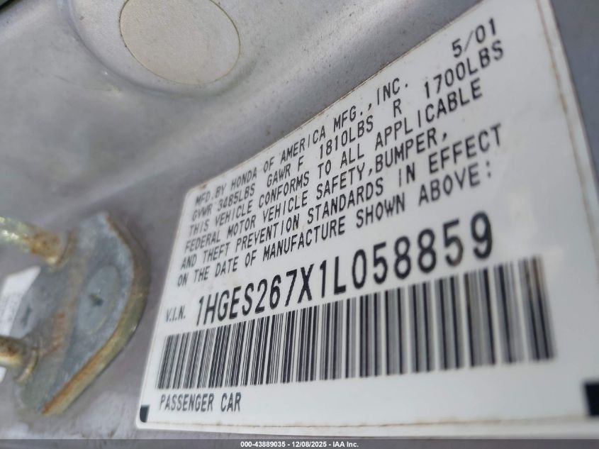 2001 Honda Civic Ex VIN: 1HGES267X1L058859 Lot: 43889035