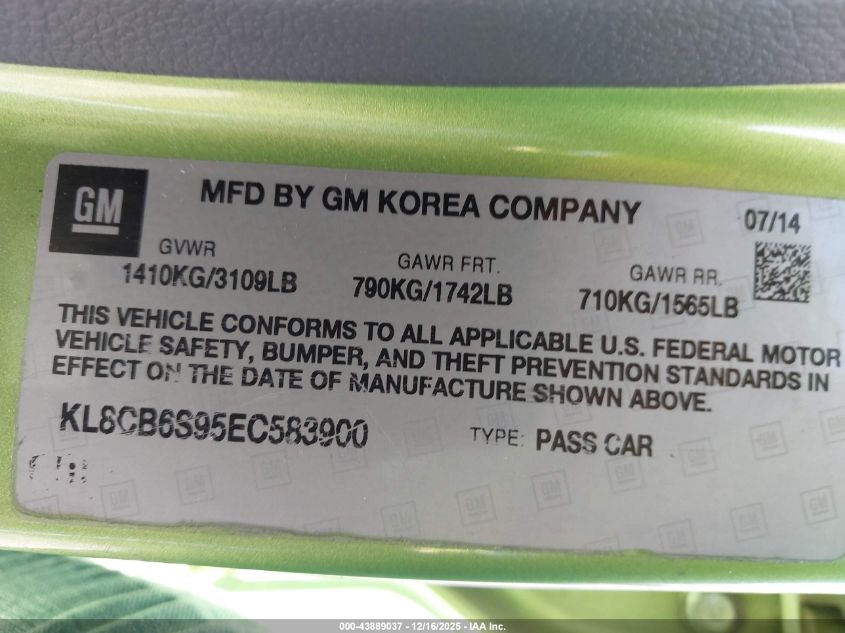 2014 Chevrolet Spark Ls Auto VIN: KL8CB6S95EC583900 Lot: 43889037