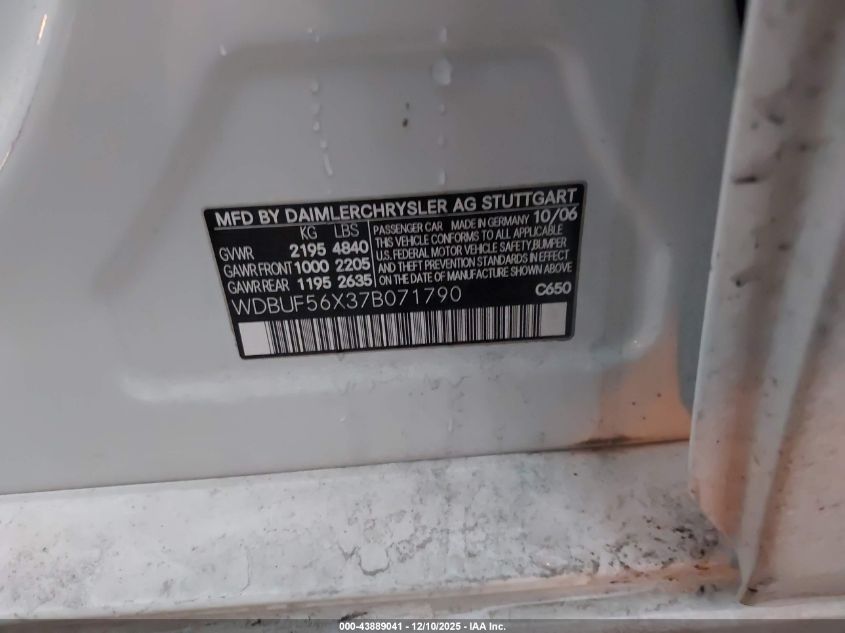 2007 Mercedes-Benz E 350 VIN: WDBUF56X37B071790 Lot: 43889041