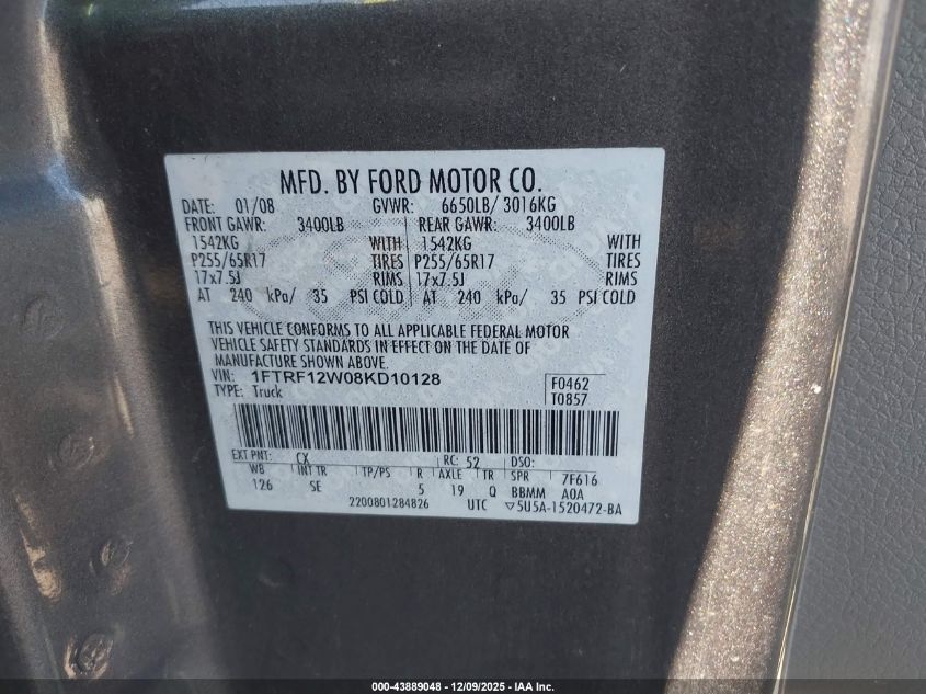 2008 Ford F-150 Fx2/Stx/Xl/Xlt VIN: 1FTRF12W08KD10128 Lot: 43889048