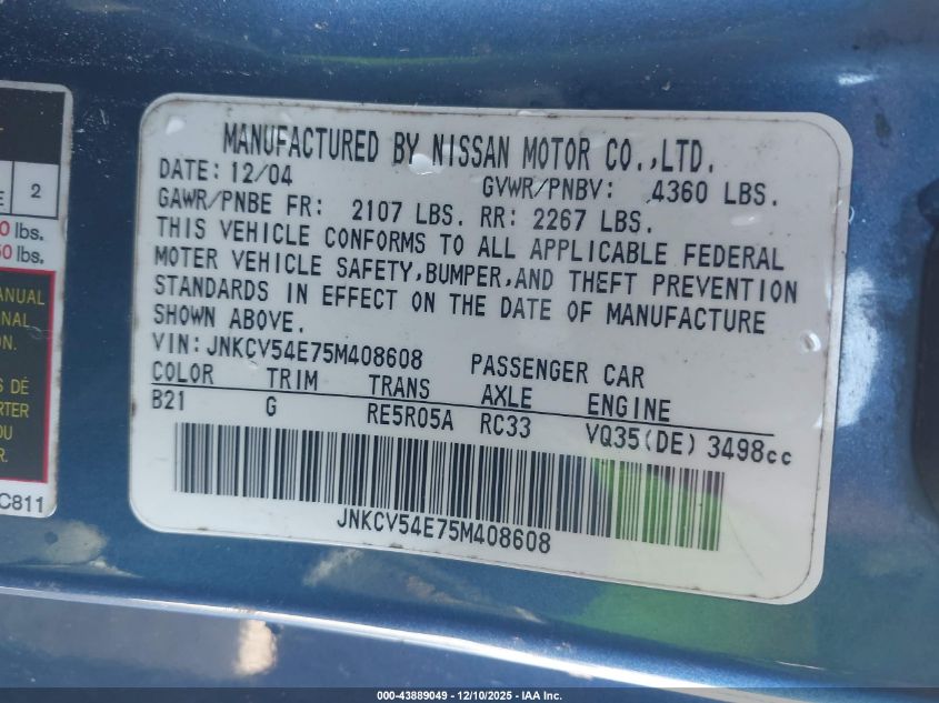 2005 Infiniti G35 VIN: JNKCV54E75M408608 Lot: 43889049