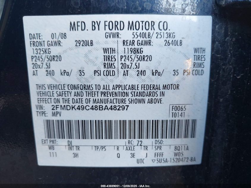 2008 Ford Edge Limited VIN: 2FMDK49C48BA48297 Lot: 43889051