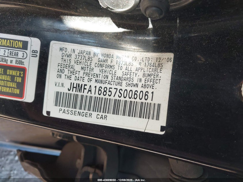 JHMFA16857S006061 2007 HONDA CIVIC photo no. 9