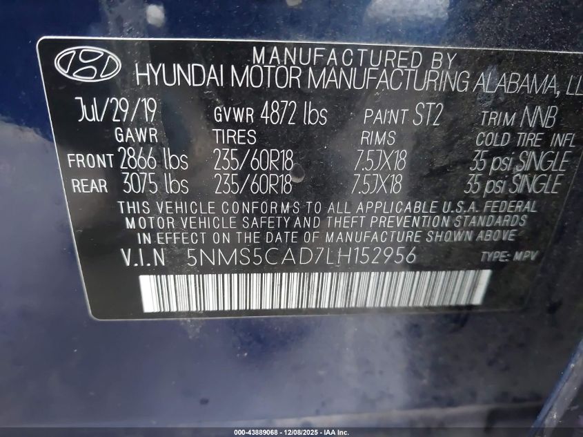 2020 Hyundai Santa Fe Limited VIN: 5NMS5CAD7LH152956 Lot: 43889068