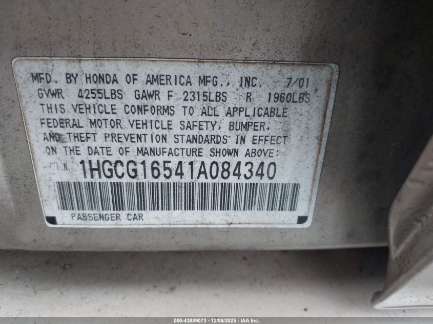 2001 Honda Accord 3.0 Ex VIN: 1HGCG16541A084340 Lot: 43889073
