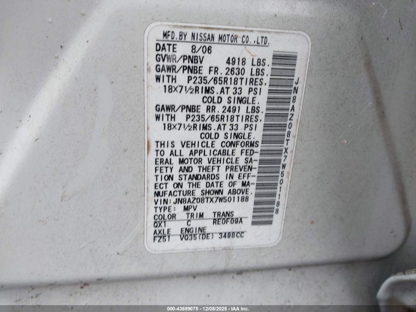 2007 Nissan Murano Sl VIN: JN8AZ08TX7W501188 Lot: 43889075