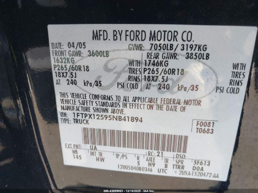 2005 Ford F-150 Lariat/Xl/Xlt VIN: 1FTPX12595NB41894 Lot: 43889083