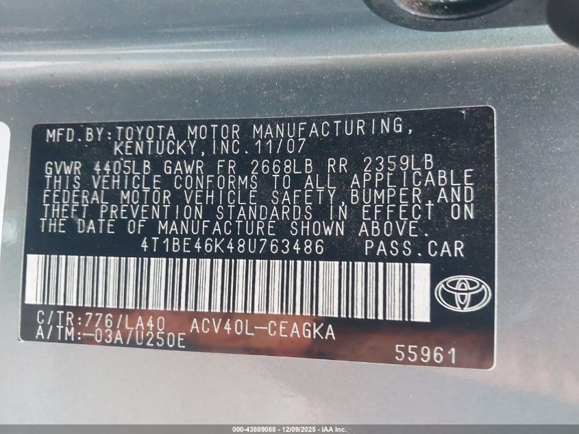 2008 Toyota Camry Xle VIN: 4T1BE46K48U763486 Lot: 43889088