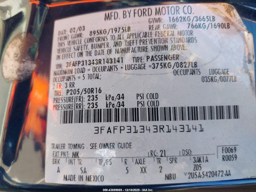 2003 Ford Focus Zx3 VIN: 3FAFP31343R143141 Lot: 43889089