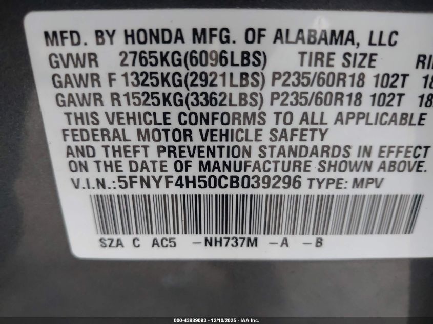 2012 Honda Pilot Ex-L VIN: 5FNYF4H50CB039296 Lot: 43889093