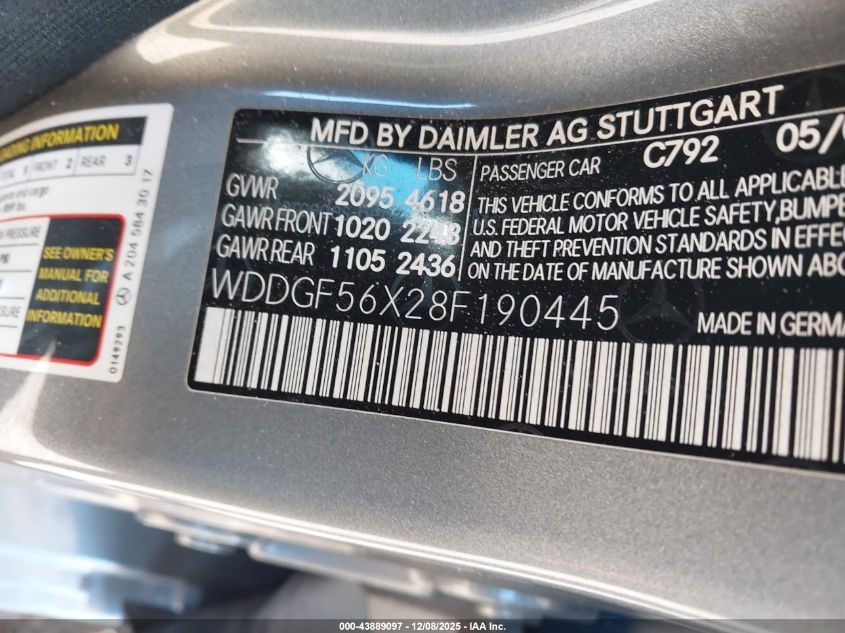 2008 Mercedes-Benz C 350 Sport VIN: WDDGF56X28F190445 Lot: 43889097