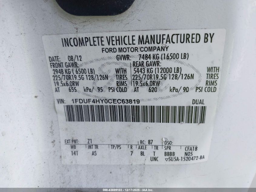 2012 Ford F-450 Chassis Xl VIN: 1FDUF4HY0CEC63819 Lot: 43889103