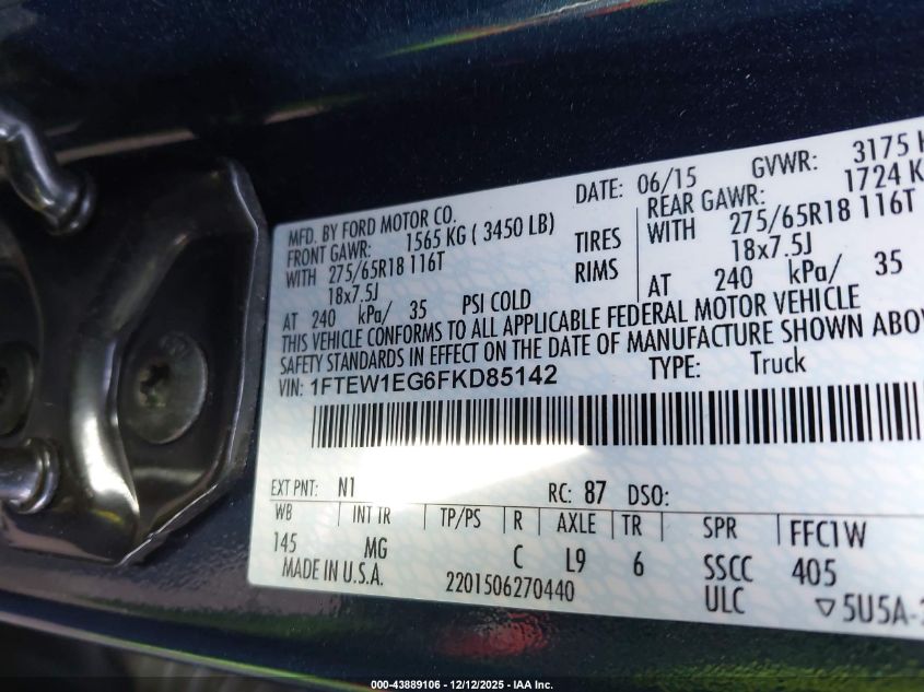 2015 Ford F-150 Xlt VIN: 1FTEW1EG6FKD85142 Lot: 43889106