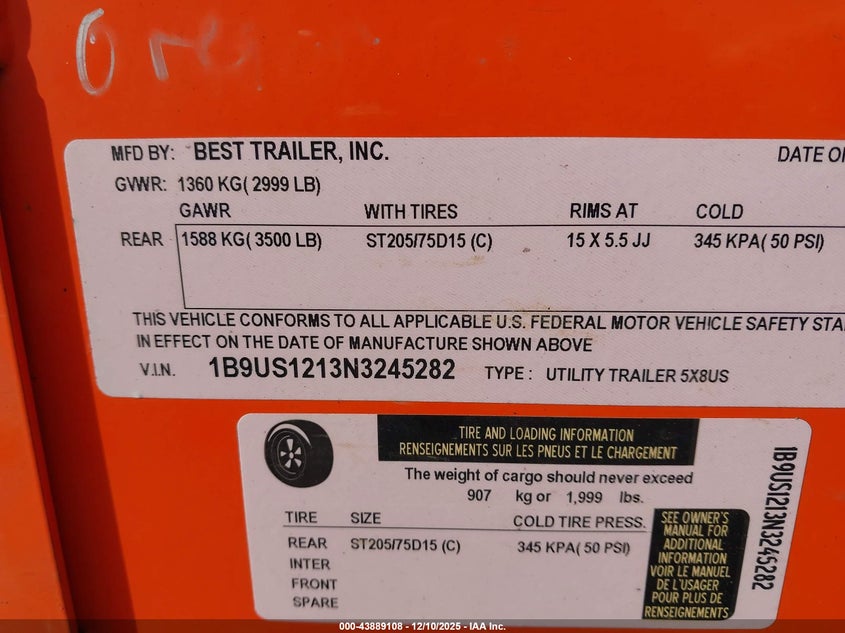 VIN 1B9US1213N3245282 2022 BEST 5X8US