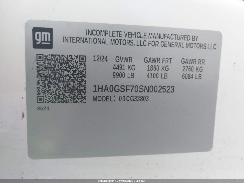 2025 Chevrolet Express Cutaway Work Van VIN: 1HA0GSF70SN002523 Lot: 43889113