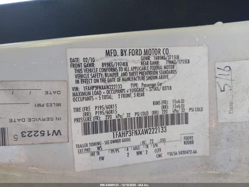 2010 Ford Focus Se VIN: 1FAHP3FNXAW222133 Lot: 43889123