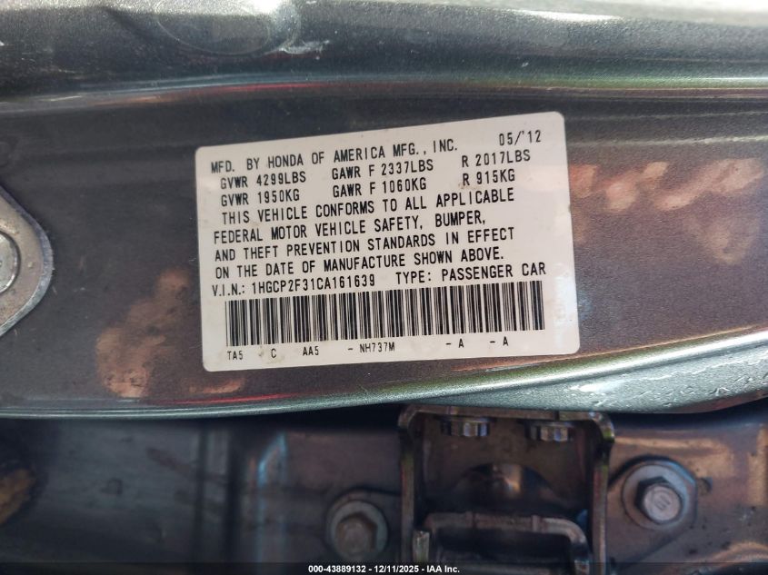 2012 Honda Accord 2.4 Lx VIN: 1HGCP2F31CA161639 Lot: 43889132